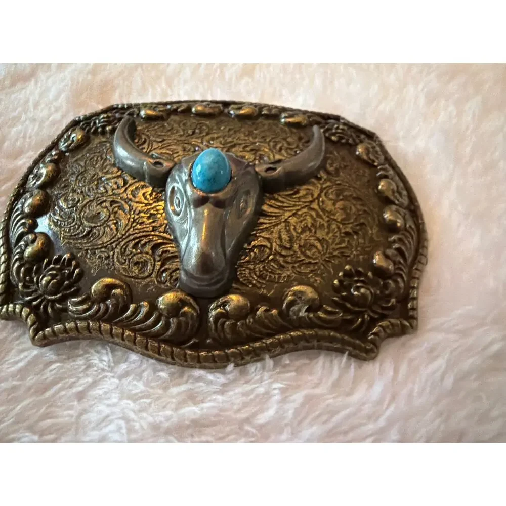 Western Longhorn Steer Skull Belt Buckle Faux Turquoise Antique Brass 3.8